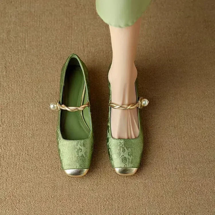 Celeste | Women's Pearl Strap Mary Jane Shoes Glitter Block Heel