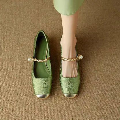 Celeste | Women's Pearl Strap Mary Jane Shoes Glitter Block Heel
