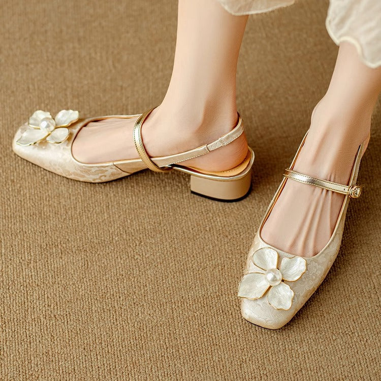 Isabeau | Women's Floral Mary Jane Pumps Block Heel Jacquard Strap