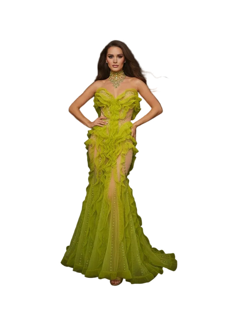 HAZE Neon Lime Mermaid Gown with Ruffles -Couture Evening Dress