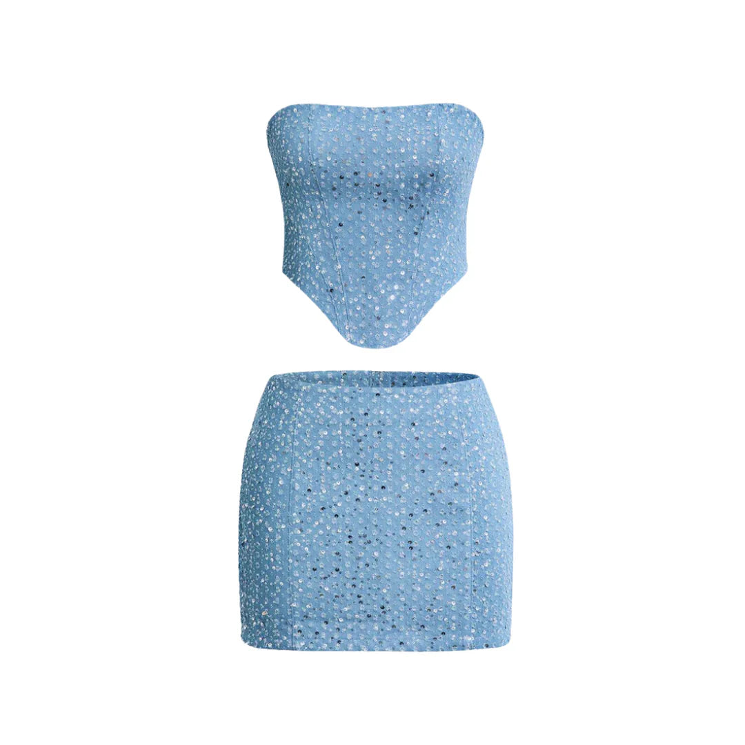 Women Blue Sequined Denim 2 Piece Set | Strapless Top | Mini Skirt | Summer Nightclub Outfit Blue