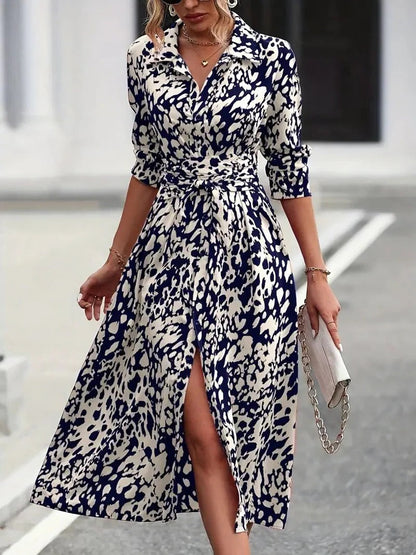 Valentina | Women's Abstract Print Button Down Belted Midi Shirt Dress