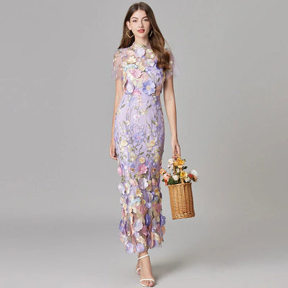 Aurelia | Women's 3D Floral Appliqué Sheer Mesh Sleeveless Maxi Dress