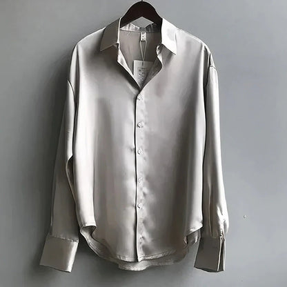 Sage | Women's Satin Button-Down Blouse Long Sleeve Collar Shirt
