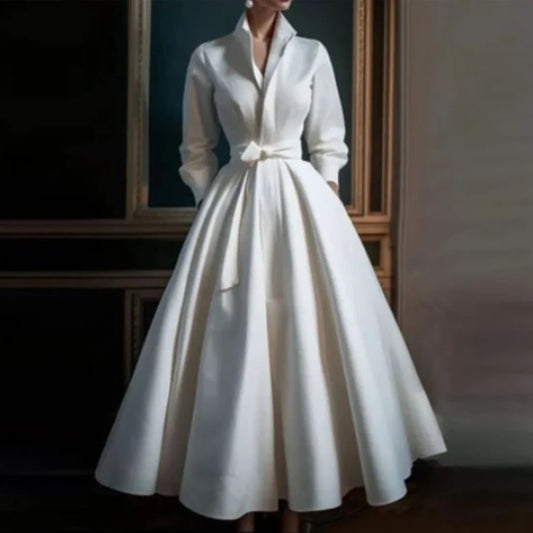 Audrey | Women's Long Sleeve V-Neck A-Line Midi Dress with Belt