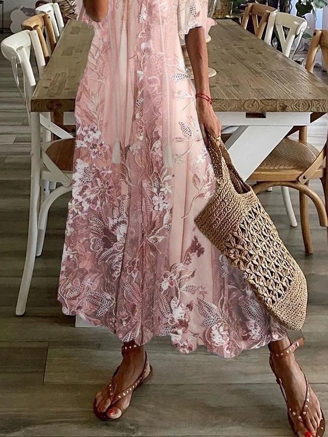 Rosalie | Women's Floral Print V-Neck Half Sleeve Loose Maxi Dress