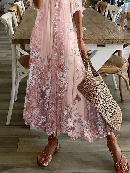 Rosalie | Women's Floral Print V-Neck Half Sleeve Loose Maxi Dress