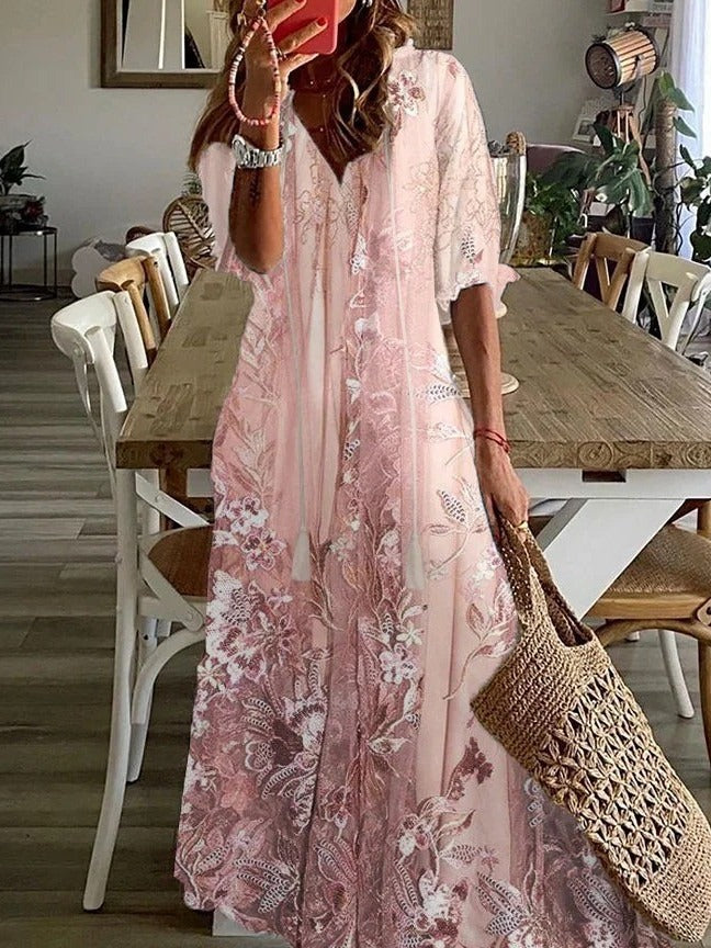 Rosalie | Women's Floral Print V-Neck Half Sleeve Loose Maxi Dress