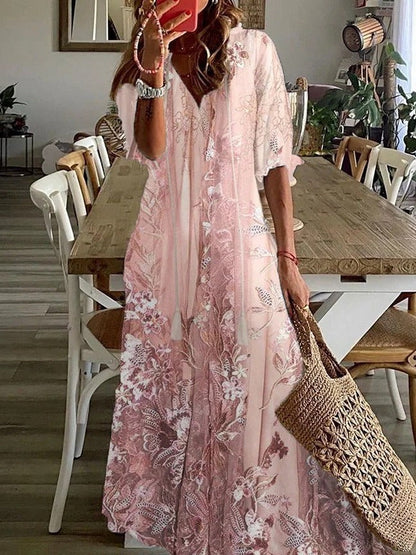 Rosalie | Women's Floral Print V-Neck Half Sleeve Loose Maxi Dress