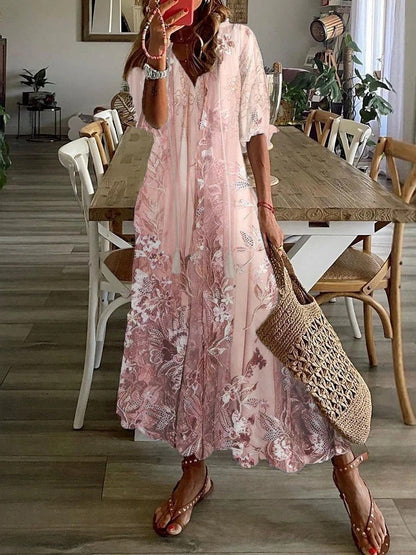 Rosalie | Women's Floral Print V-Neck Half Sleeve Loose Maxi Dress
