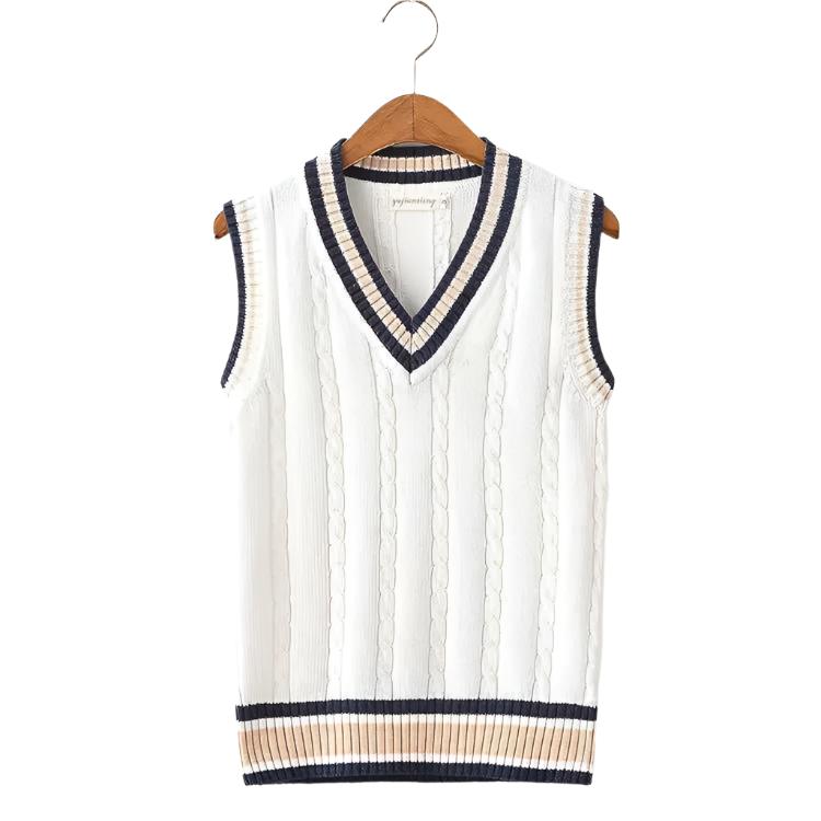 Men V-Neck Sleeveless Knitted Striped Sweater Vest | Retro Style Knit White