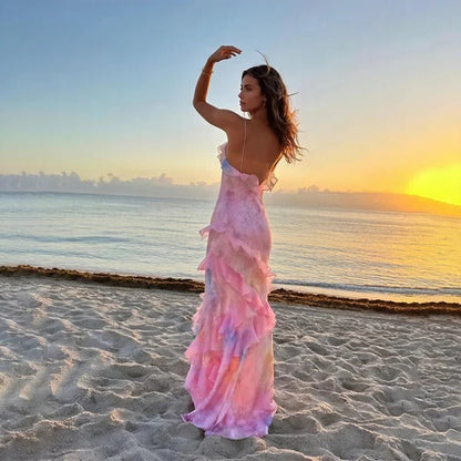 Aurora | Women's Ruffle Maxi Dress Floral Spaghetti Strap V-Neck