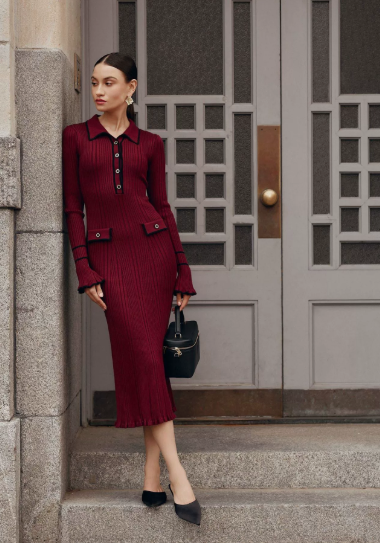 Audrey | Women's Ribbed Polo Collar Midi Dress with Button Detail