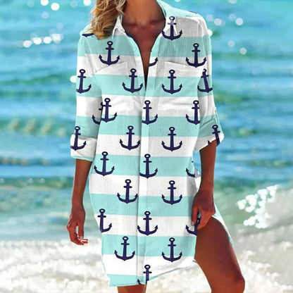 Coralie | Women's Tropical Print Shirt Dress 3/4 Sleeve Beach Cover Up