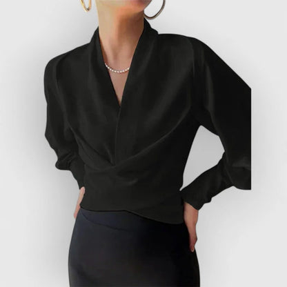 Teal | Women's Satin Wrap Blouse V-Neck Long Sleeve Crossover Top