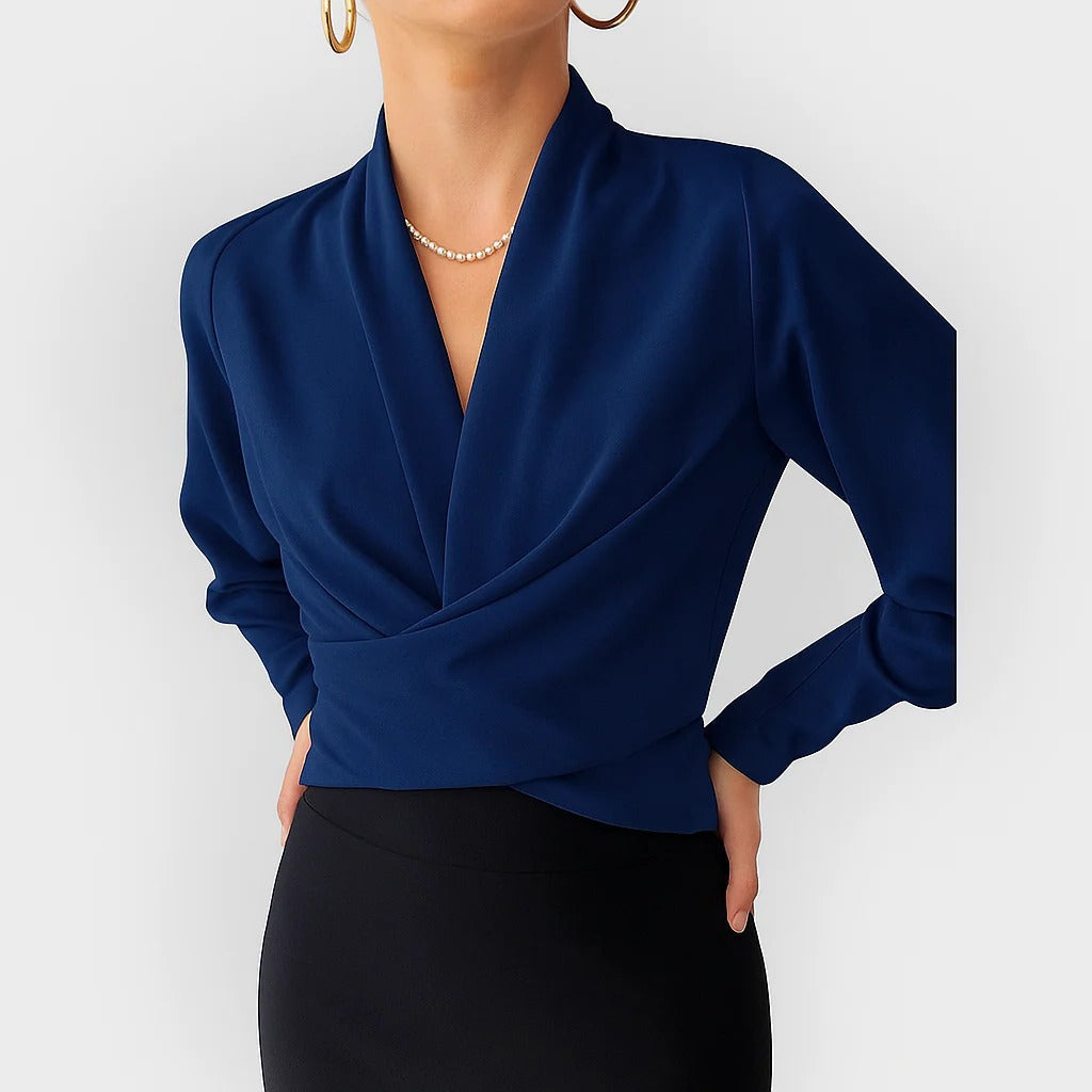 Teal | Women's Satin Wrap Blouse V-Neck Long Sleeve Crossover Top
