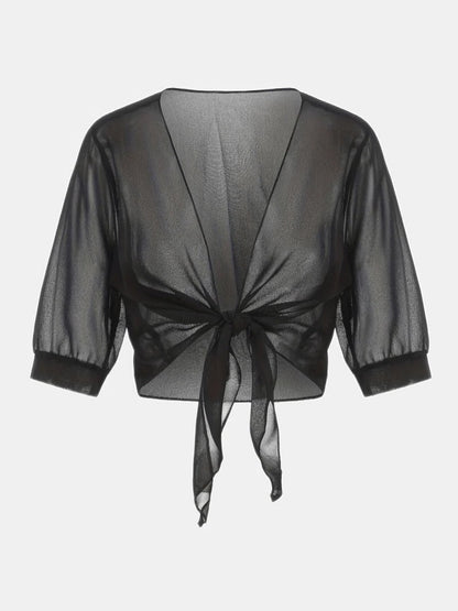 Brisa | Women's Tie Front Sheer Blouse Open Front 3/4 Sleeve Top