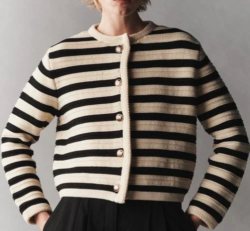 Women Striped Knitted Sweater | Striped Cardigan | Round Neck