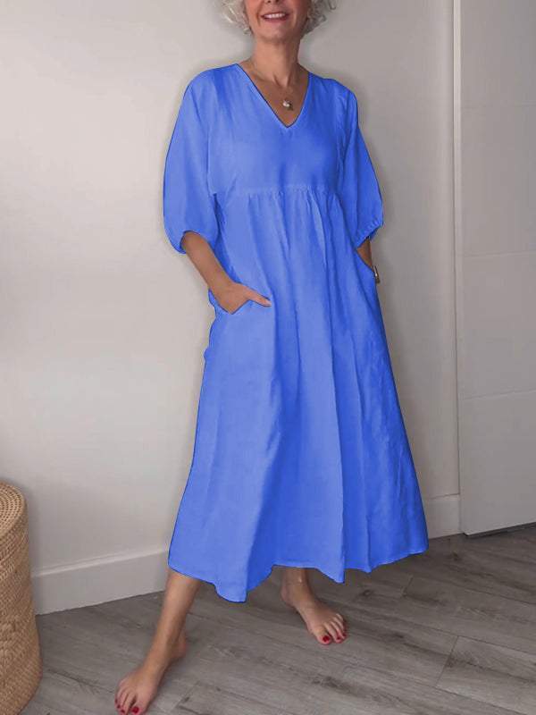 Genevieve | Women's V Neck Tummy Control Draped Midi Dress with Pockets Casual