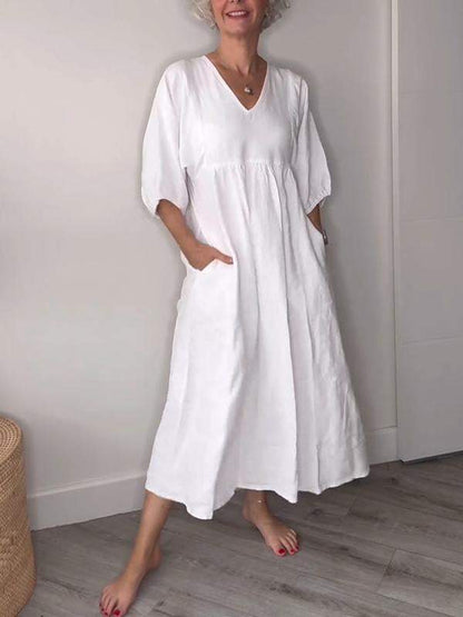 Genevieve | Women's V Neck Tummy Control Draped Midi Dress with Pockets Casual