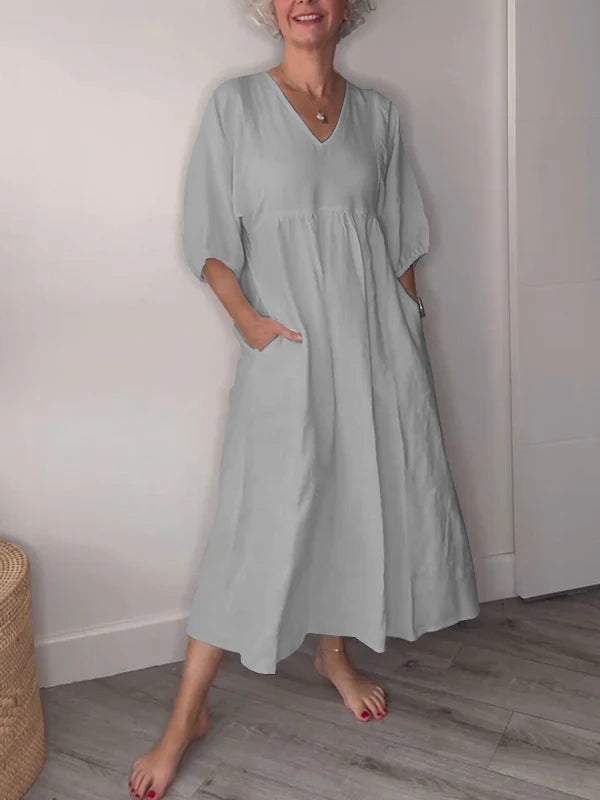 Genevieve | Women's V Neck Tummy Control Draped Midi Dress with Pockets Casual
