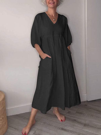 Genevieve | Women's V Neck Tummy Control Draped Midi Dress with Pockets Casual