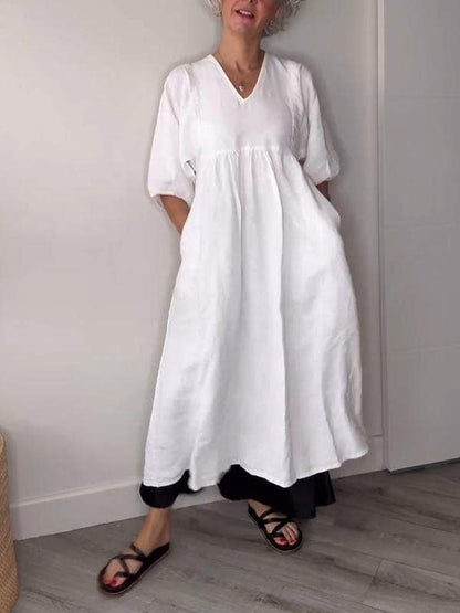 Genevieve | Women's V Neck Tummy Control Draped Midi Dress with Pockets Casual