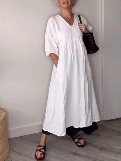 Genevieve | Women's V Neck Tummy Control Draped Midi Dress with Pockets Casual