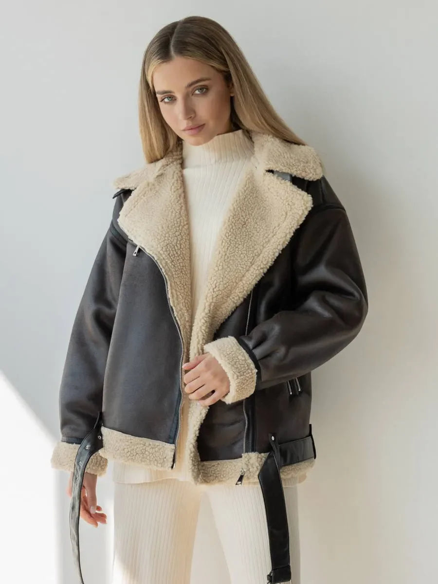 Women Dark Brown Shearling Leather Jacket | Classic Fur Leather Jacket | Long Sleeve Moto Biker Zipper