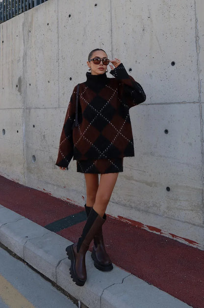 Women Printed Turtleneck Sweater | Set | Long Sleeve | Loose | Thick Knit Pullover | Mini Skirt | Fluffy