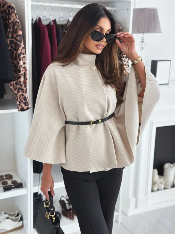 Women Batwing Sleeve Coat | Waist Cinching Poncho | Thick | Warm | Single Buckle Off White