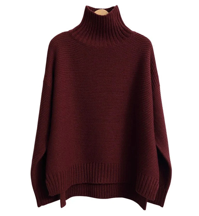 Women Cashmere Sweater | High Neck Thick Wool Pullover Red