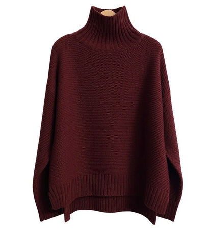 Women Cashmere Sweater | High Neck Thick Wool Pullover Red