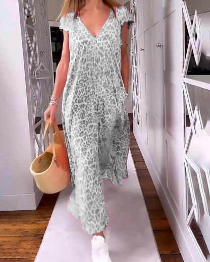 Blossom | Women's V Neck Loose Fit Short Sleeve Printed Long Dress Cocktail
