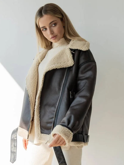 Women Dark Brown Shearling Leather Jacket | Classic Fur Leather Jacket | Long Sleeve Moto Biker Zipper