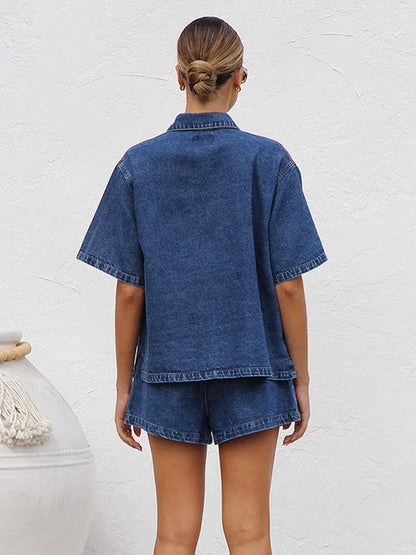 Leonie | Women's Denim Two Piece Short Sleeve Button Down Set