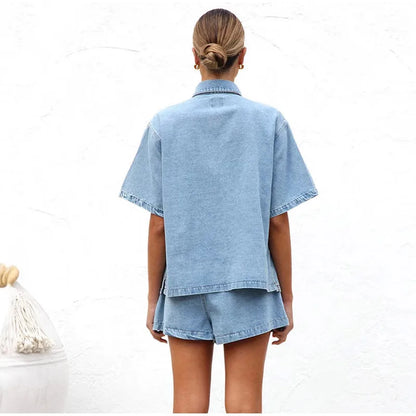 Leonie | Women's Denim Two Piece Short Sleeve Button Down Set
