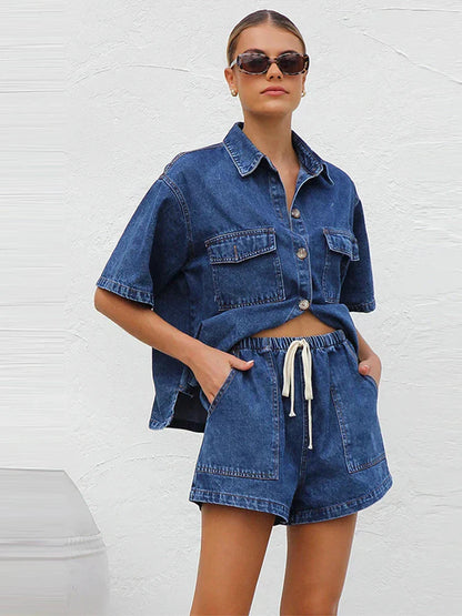 Leonie | Women's Denim Two Piece Short Sleeve Button Down Set