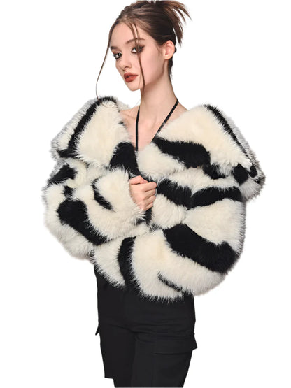 Women Cropped Zebra Fur Coat | Fluffy Big Collar Fur Short Jacket