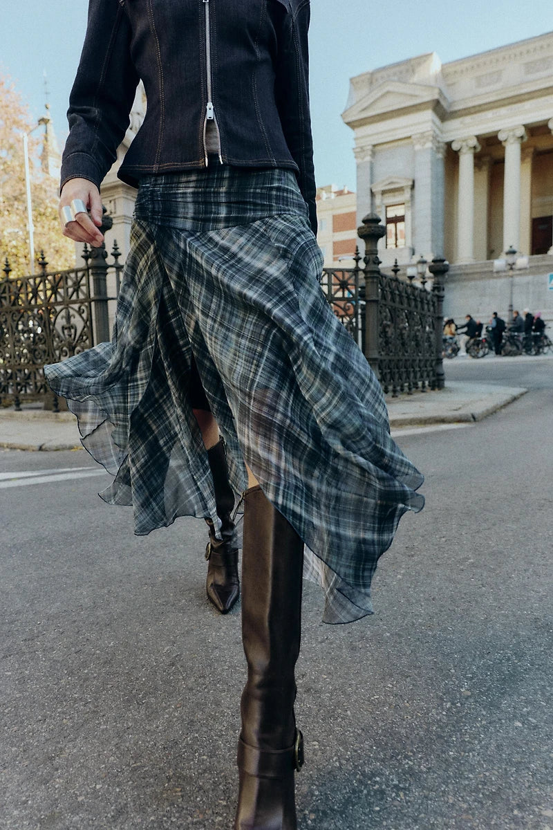 Women Blue Plaid Pleated Skirt | Asymmetrical Hem | High Waist | Long Skirt | Y2k