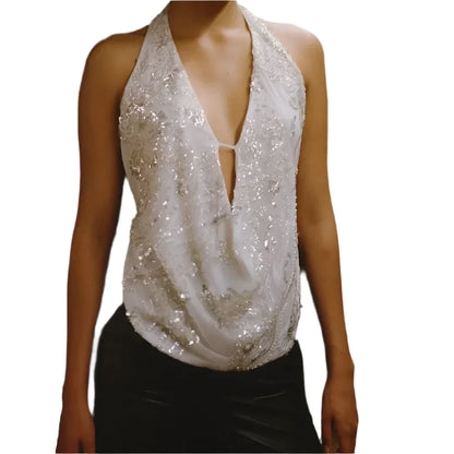 Women Glitter Sequin Tank Top | V-Neck Crop Top | Backless Beach Top White