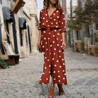 Stella | Women's Polka Dot Maxi Dress Long Sleeve Button-Down Shirt Dress