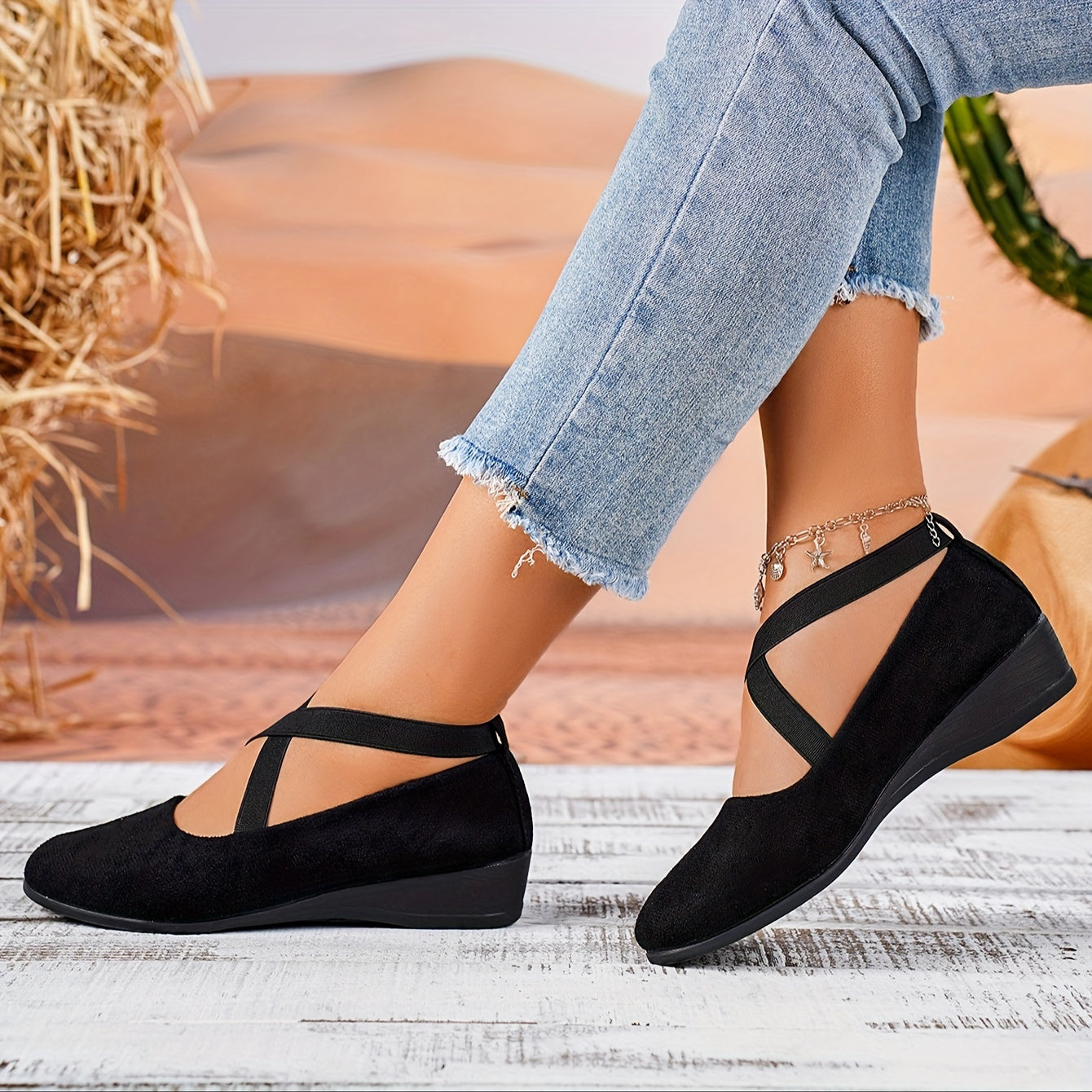 Luelle | Women's Crossover Strap Low Wedge Shoes