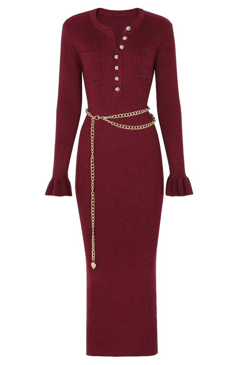 NAZARET Knit Long Sleeve Midi Bodycon Dress