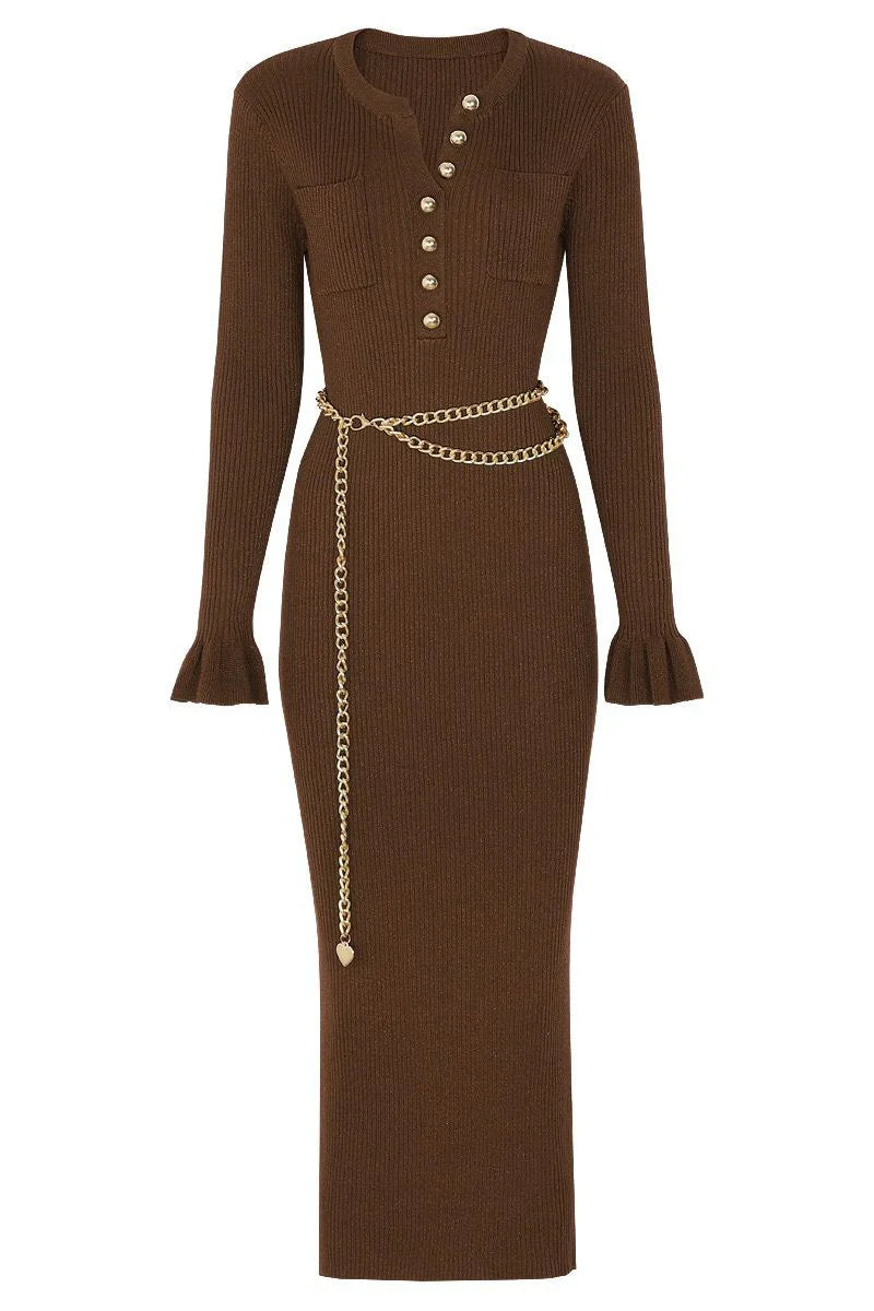 NAZARET Knit Long Sleeve Midi Bodycon Dress