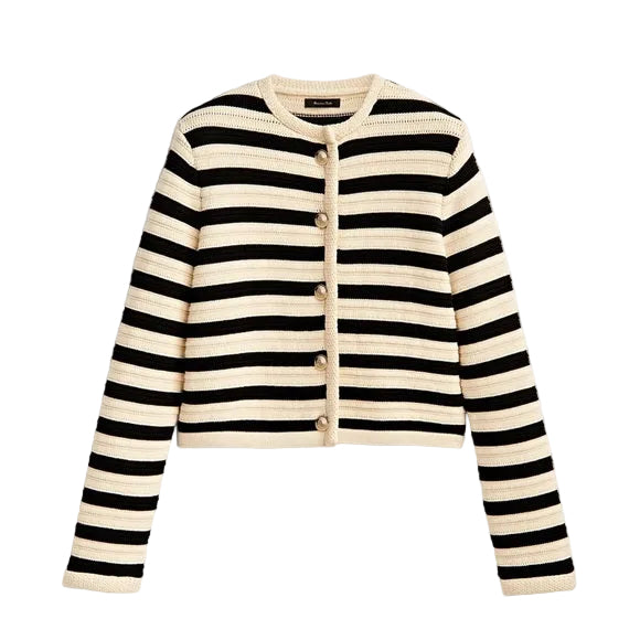 Women Striped Knitted Sweater | Striped Cardigan | Round Neck Black