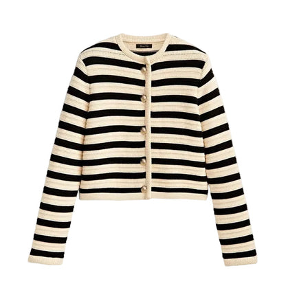 Women Striped Knitted Sweater | Striped Cardigan | Round Neck Black