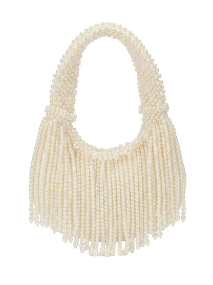 Women Pearl Evening Clutch | Luxury Designer Handbag | Long Tassel Clutch | Pearl Handle