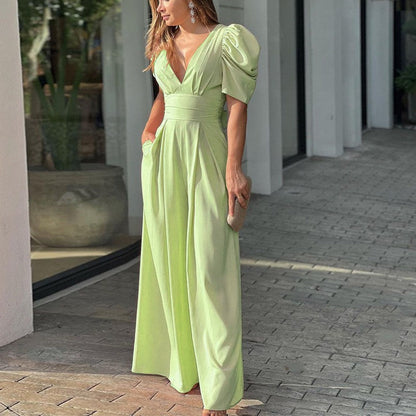 Marigold | Women's V-Neck Puff Sleeve Wide Leg Jumpsuit