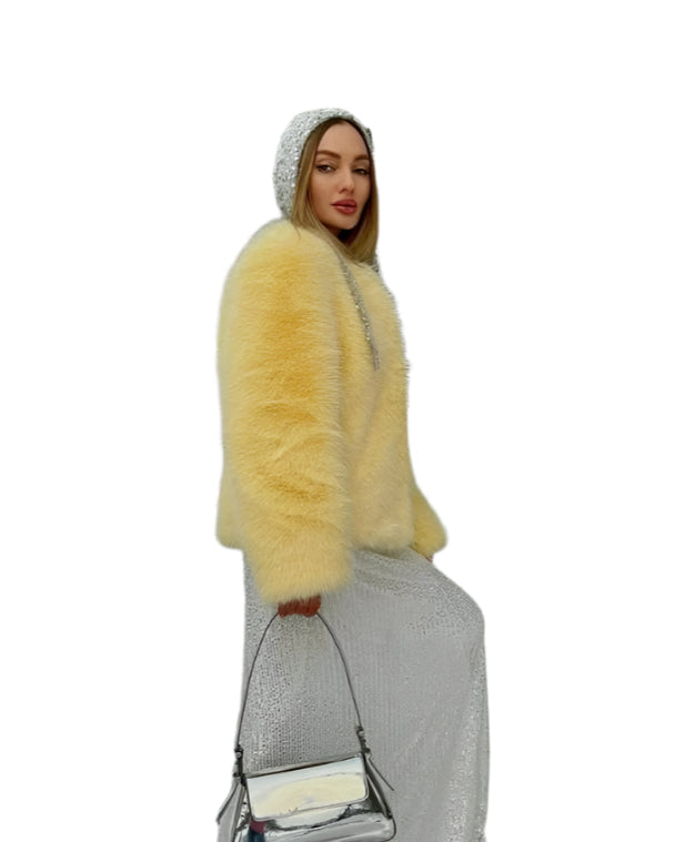 Women Round Neck Fluffy Yellow Fur Jacket | Fur Coat | Warm Outerwear